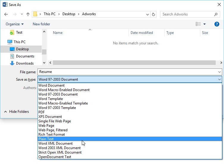 Sử dụng menu drop-down Save As type trong hộp thoại Save As