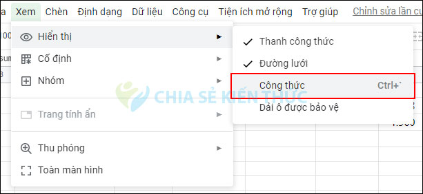 Hiện công thức Google Sheets bằng tùy chọn