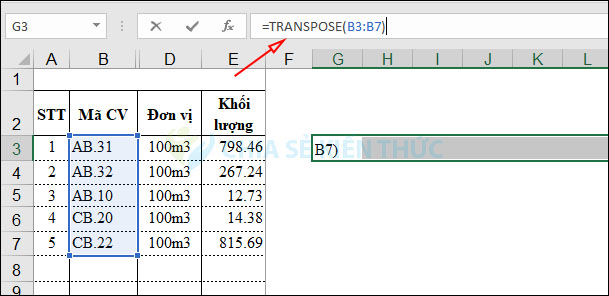 Nhập lệnh transpose chuyển dữ liệu