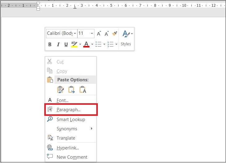 Nhấp chuột phải trong Word > Chọn Paragraph.