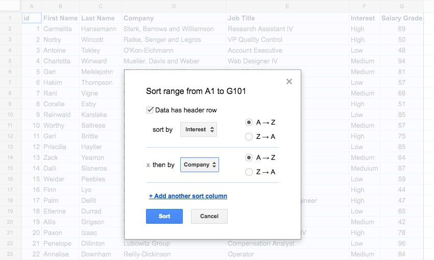 Click add another sort column để bổ sung nhiều quy tắc sắp xếp dữ liệu hơn cho bảng tính Google Sheets