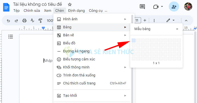 Chọn 1 ô cho bảng trong Google Docs