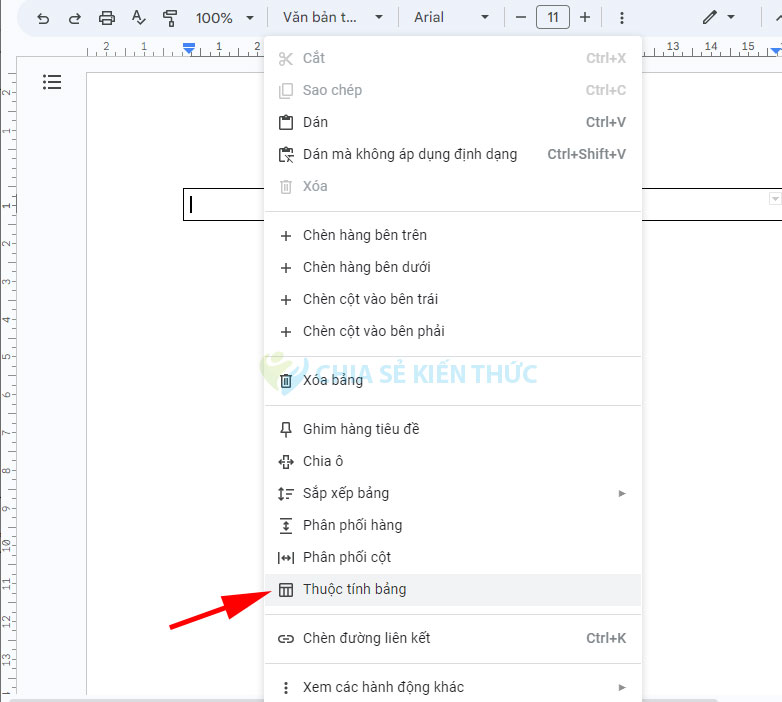 Thuộc tính bảng trong Google Docs