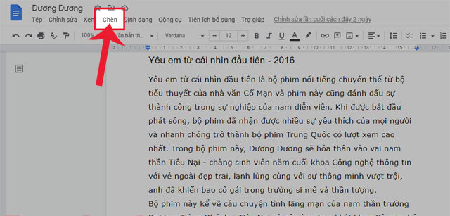 Click chuột vào mục Chèn