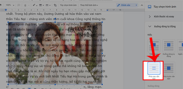Nhấn vào mục Phía sau văn bản