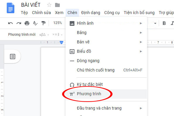 Chọn Phương trình trên Google Docs