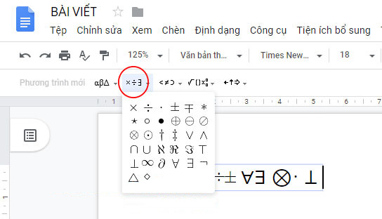 Chọn ký tự toán học trên Google Docs