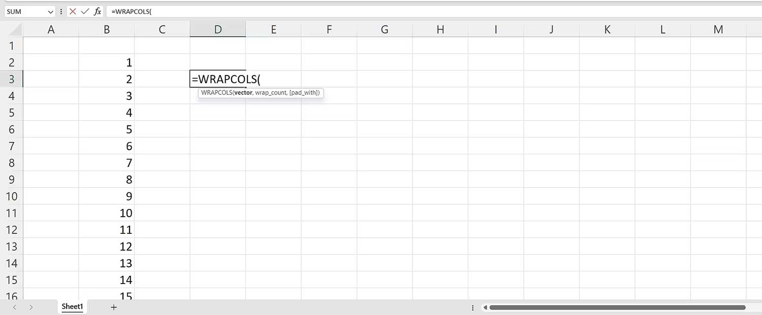 Nhập hàm WRAPCOLS vào bảng tính Excel