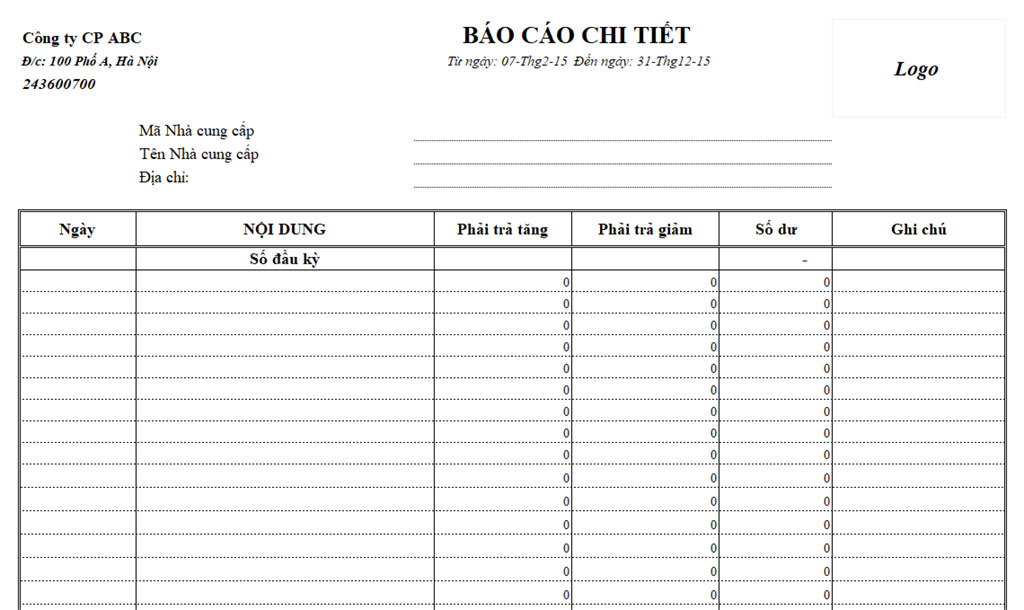 Biểu mẫu báo cáo công nợ chi tiết