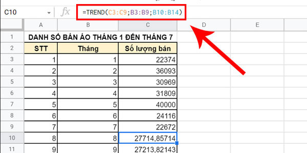 Công thức hàm TREND trong excel