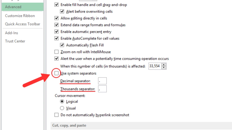 Cách thay đổi dấu chấm thành dấu phẩy trong Excel - Bước 3