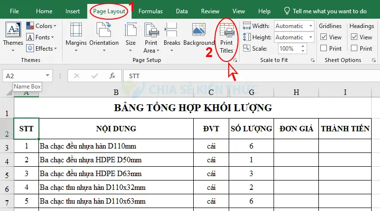 Cách lặp lại tiêu đề bảng khi in trong Excel 2007 - 2019 - Bước 1