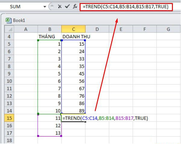 Nhập công thức hàm nội suy trong Excel