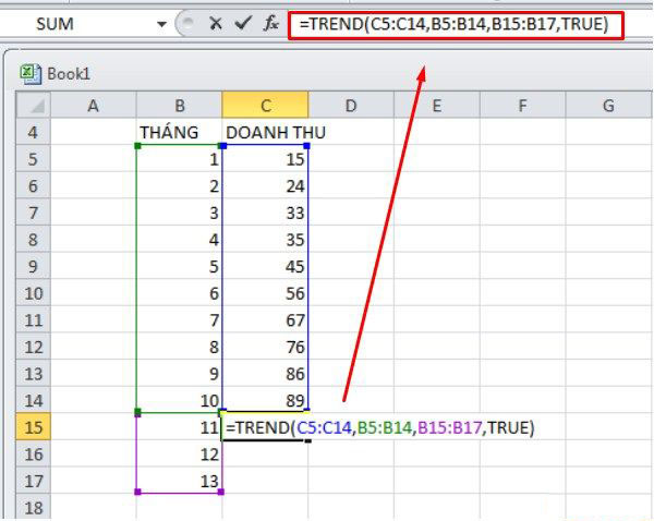 Nhập công thức hàm nội suy trong Excel