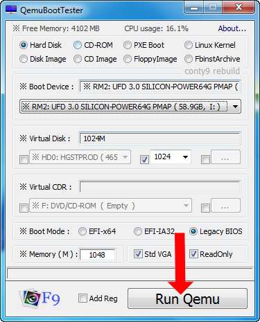 Test USB boot bằng QemuBootTester với USB Boot Legacy