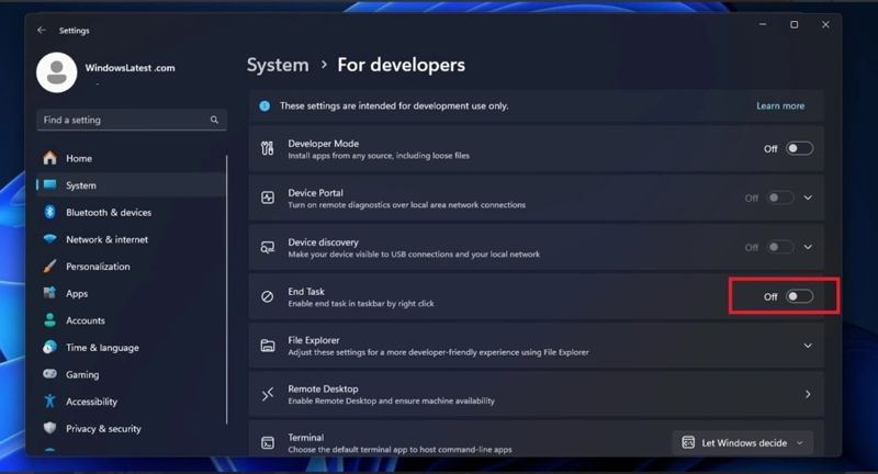 Kích hoạt tính năng End Task trên thanh taskbar của Windows 11
