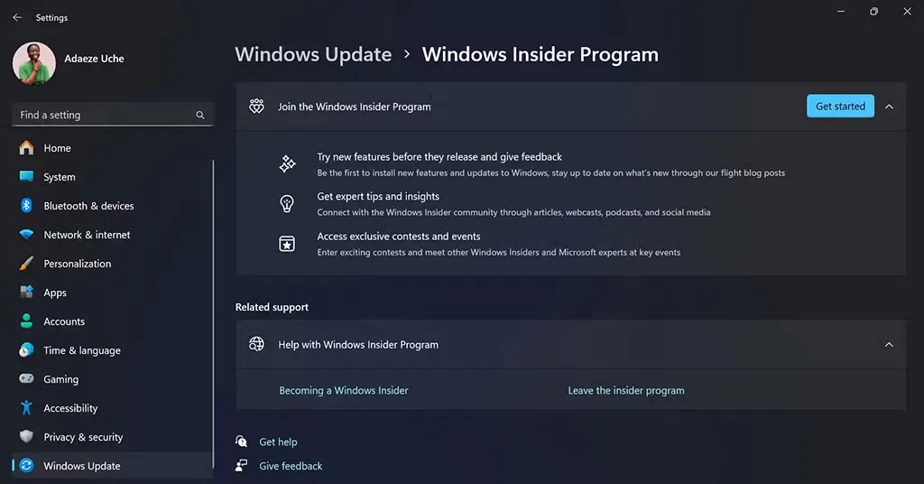 Trang Windows Insider Program được hiển thị trong ứng dụng Settings trên PC chạy Windows 11