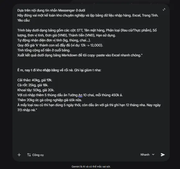 Cách tạo bảng tính từ nội dung tin nhắn chỉ bằng 1 câu lệnh prompt AI - Bước 2