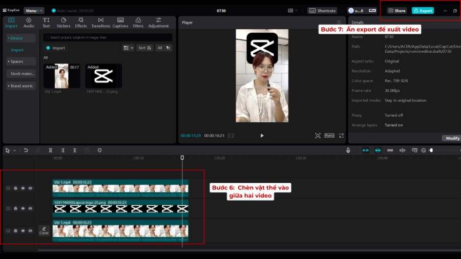 Các bước thực hiện chèn vật thể sau người trên CapCut PC - Bước 3