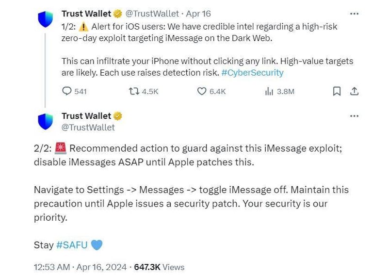 Trust Wallet đã khuyên người dùng nên tắt tính năng iMessage cho đến khi Apple đưa ra bản sửa lỗi.