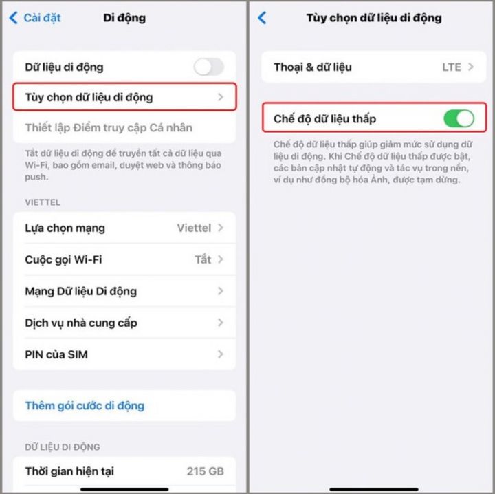 Bật chế độ dữ liệu thấp