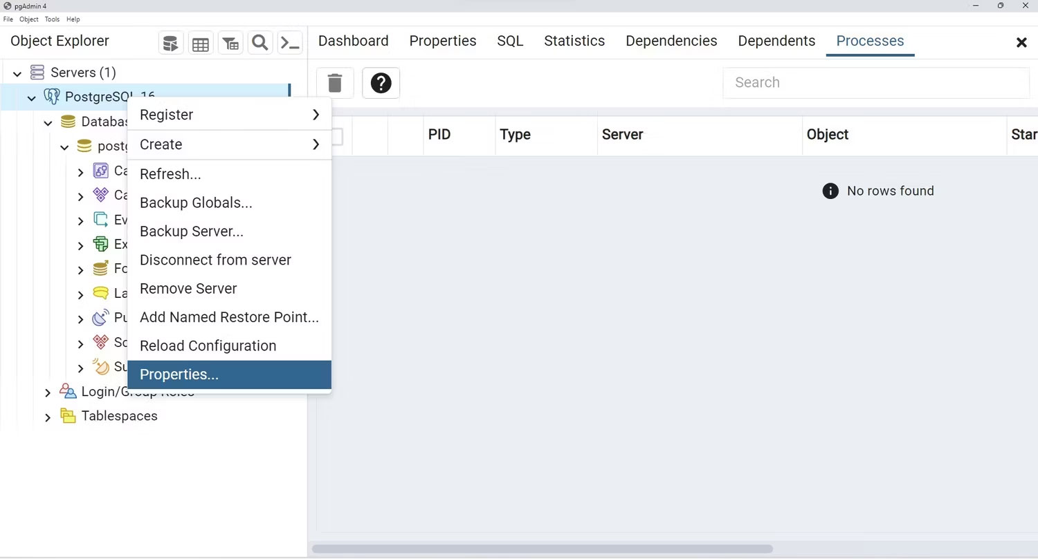 Menu drop-down máy chủ Postgres hiển thị tùy chọn thuộc tính