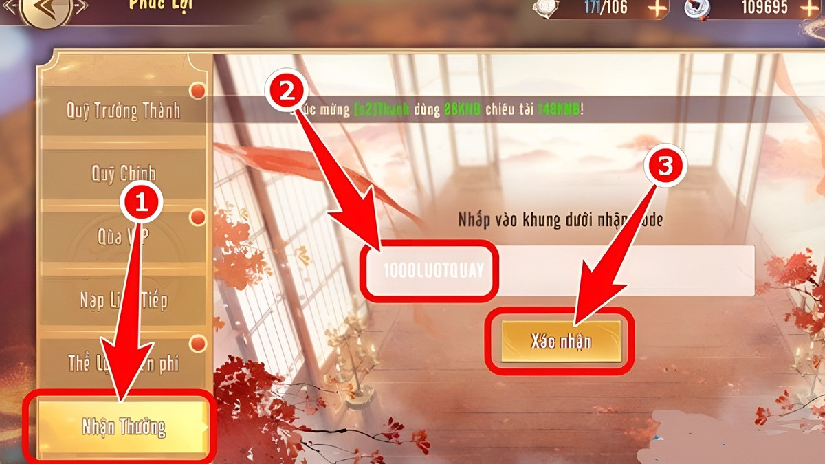 Hướng dẫn cách nhập code Mãnh Tướng Xuất Chiến - Bước 2