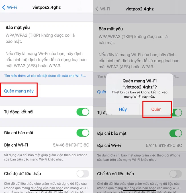 Quên mạng WiFi và kết nối lại đúng với mật khẩu - Bước 2