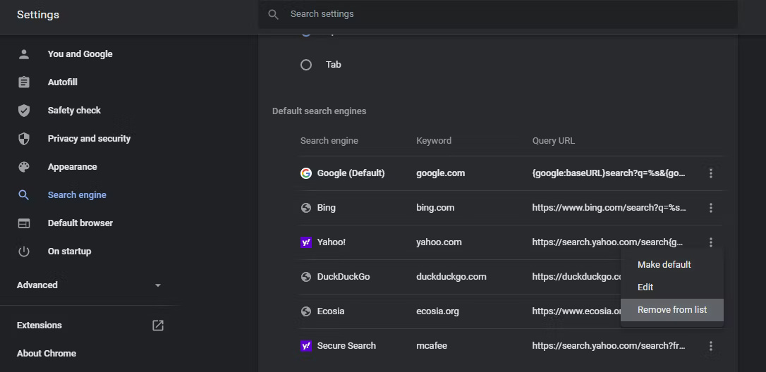 Xóa công cụ tìm kiếm của Yahoo khỏi Chrome