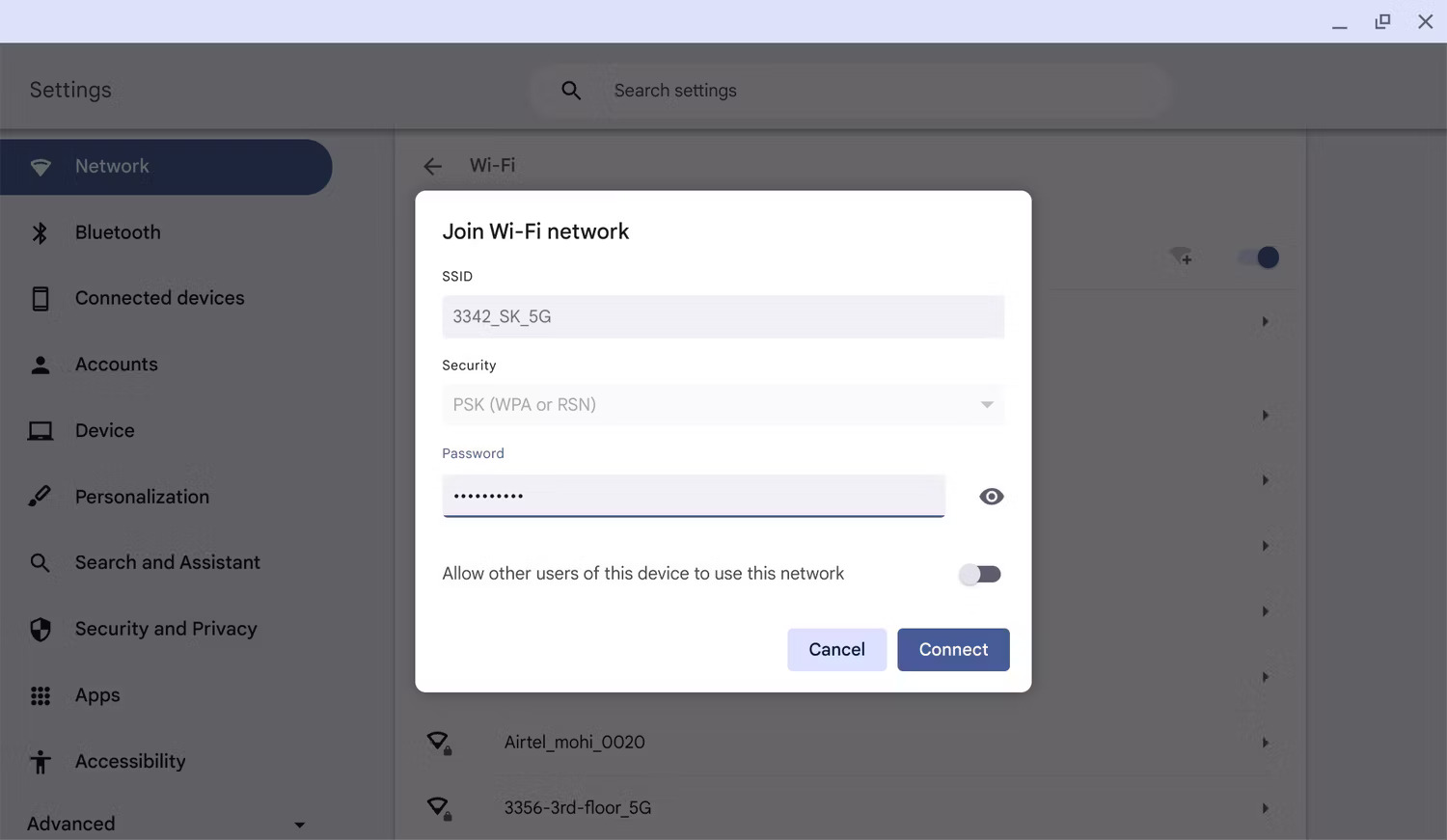 Tham gia mạng Wi-Fi trên cửa sổ Chromebook nhắc nhập mật khẩu