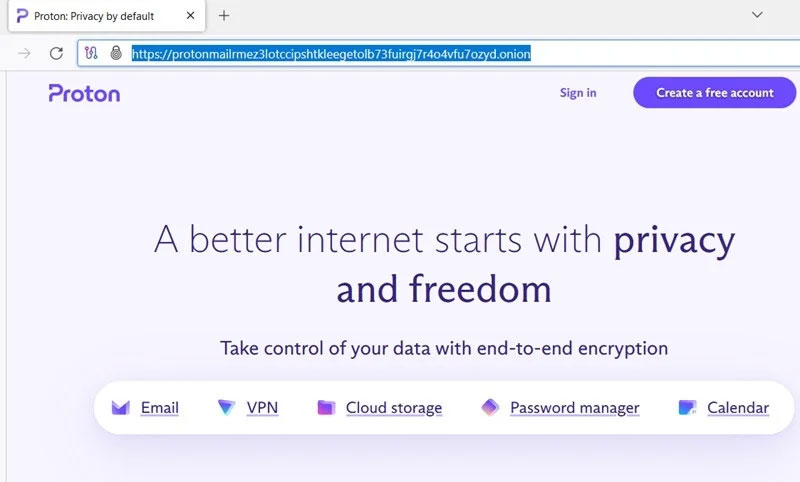 Proton (trước đây là ProtonMail) hiển thị trong liên kết Onion của nó.