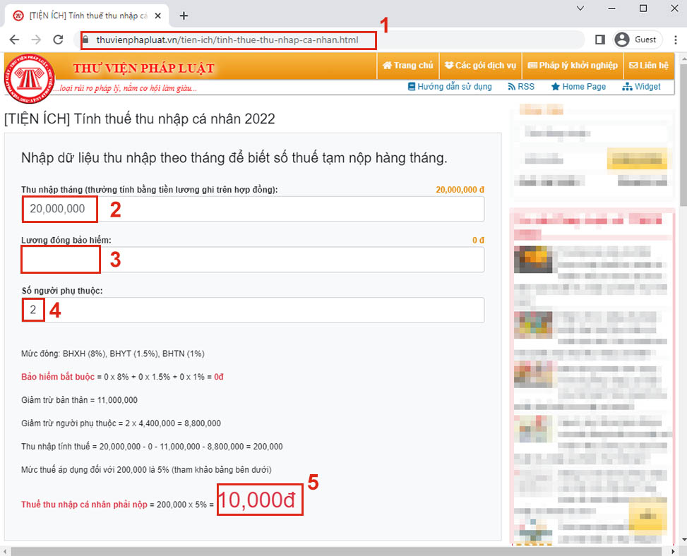 Tính thuế thu nhập cá nhân online trên trang thuvienphapluat